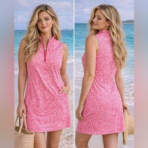 Tommy Bahama Racquet & Paddle Pink White Sleeveless Zip Dress Size L
